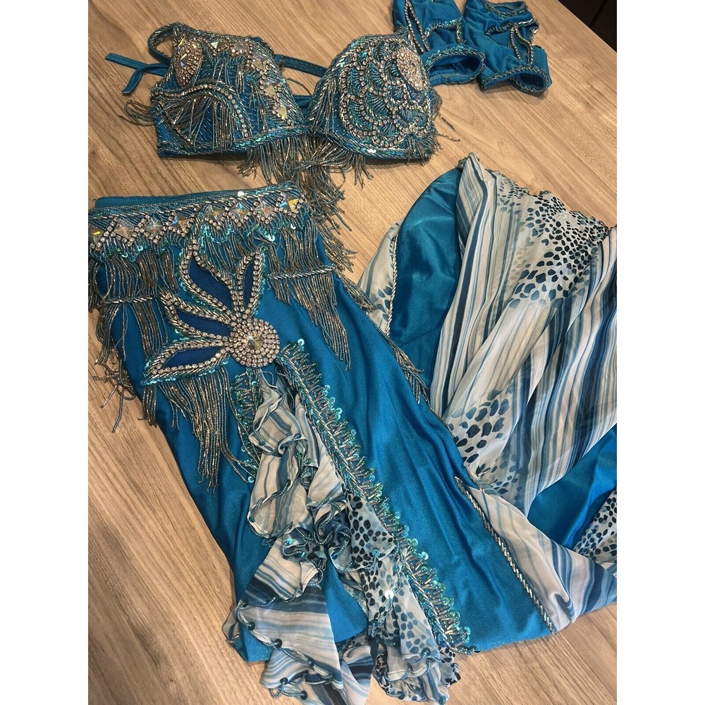 Professional Belly Dance Costume Teal & Animal Print Rhinestones Crystals‎
